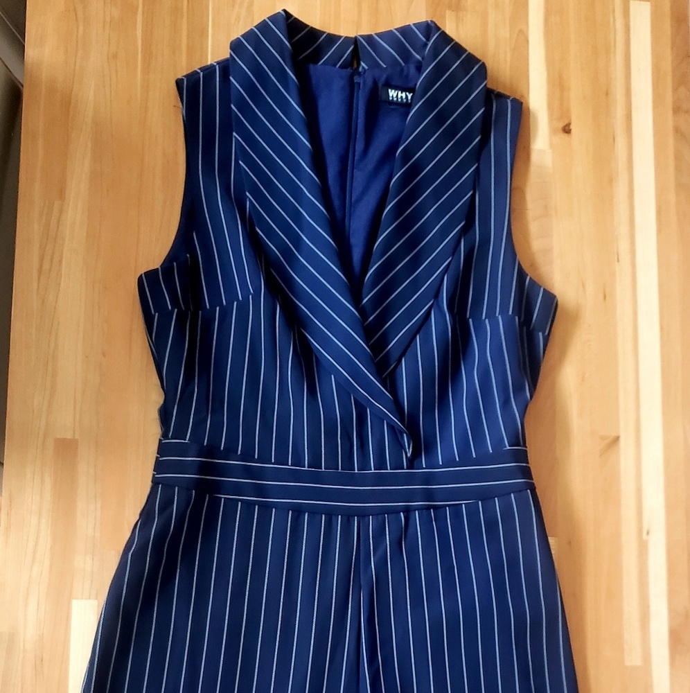 WHY Navy/White Pinstripe Wideleg Jumpsuit